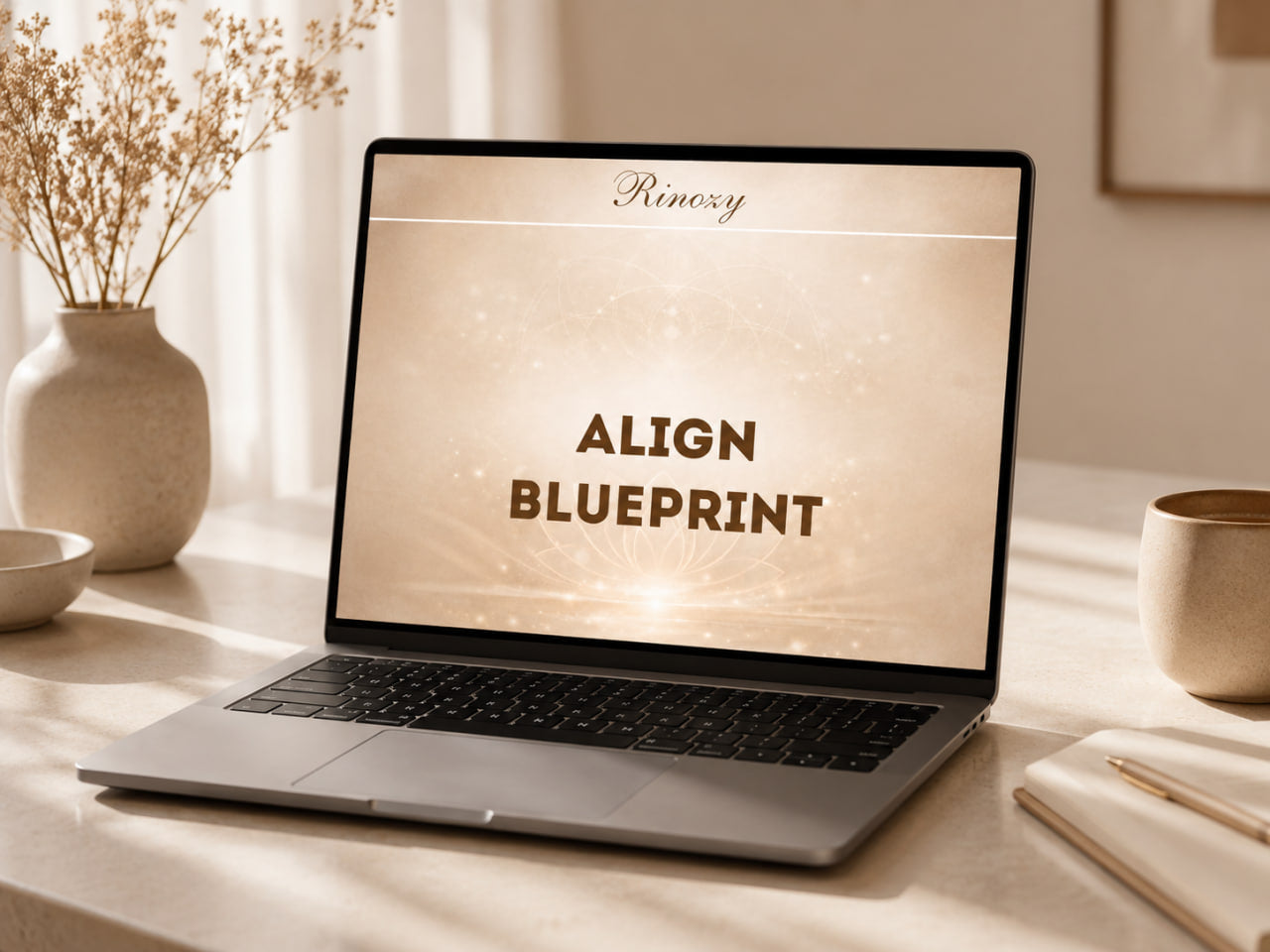 An open silver laptop sits on a warm beige desk in a softly lit room. The screen displays the text 'Rinovy ALIGN BLUEPRINT' in dark brown lettering over a soft glowing cream background.