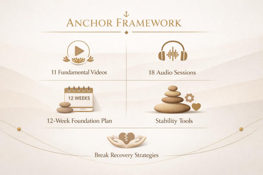 An informational graphic titled 'Anchor Framework' on a soft beige background, showing icons and text for 11 fundamental videos, 18 audio sessions, a 12-week foundation plan, stability tools, and break recovery strategies.