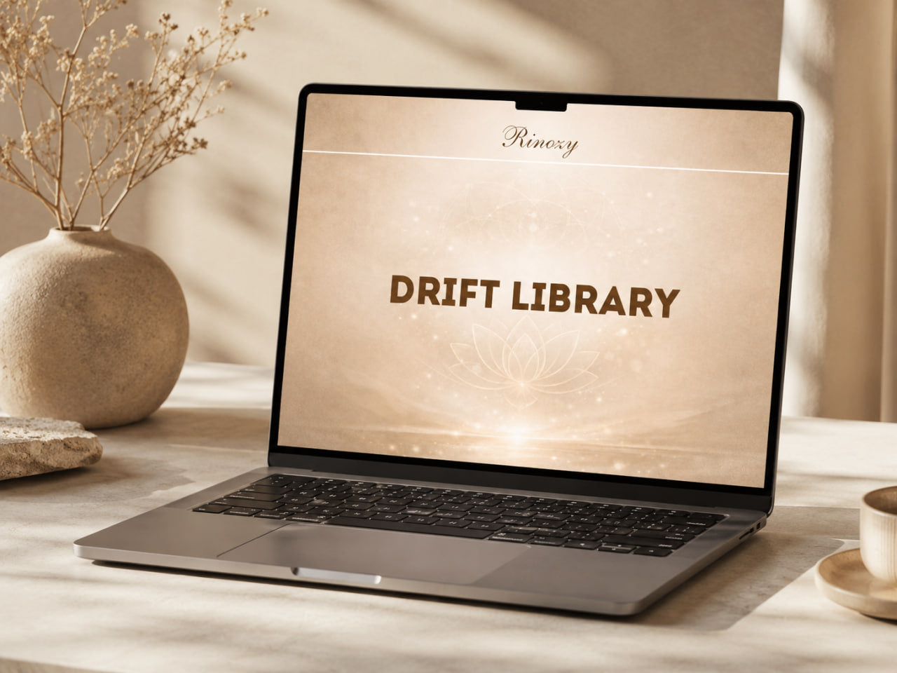 An open laptop sits on a light tabletop in a warm, sunlit room. The screen displays the text 'Renown DRIFT LIBRARY' on a soft beige background.