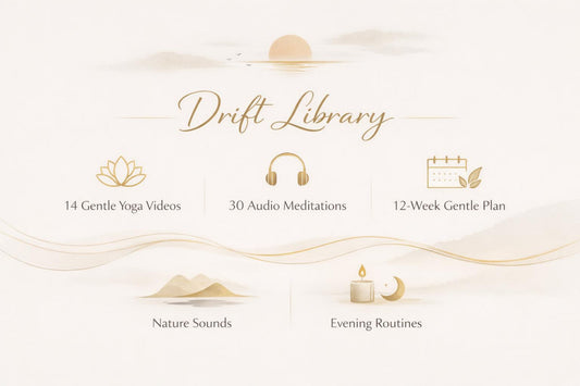 A minimalist cream and gold promotional graphic for Drift Library, showing icons and text for 14 gentle yoga videos, 30 audio meditations, a 12-week gentle plan, nature sounds, and evening routines.