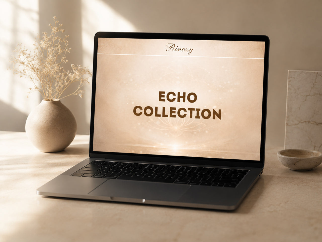 A dark gray laptop sits open on a light beige tabletop, displaying a warm cream screen with the text 'Echo Collection' and the brand name 'Rinsoy' at the top. The scene is styled with a ceramic vase of dried flowers on the left and a small bowl on the right, in soft natural light.