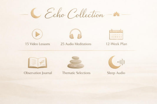 A promotional graphic for the 'Echo Collection' featuring six gold icons and labels on a soft cream background: 15 video lessons, 25 audio meditations, a 12-week plan, an observation journal, thematic selections, and sleep audio.