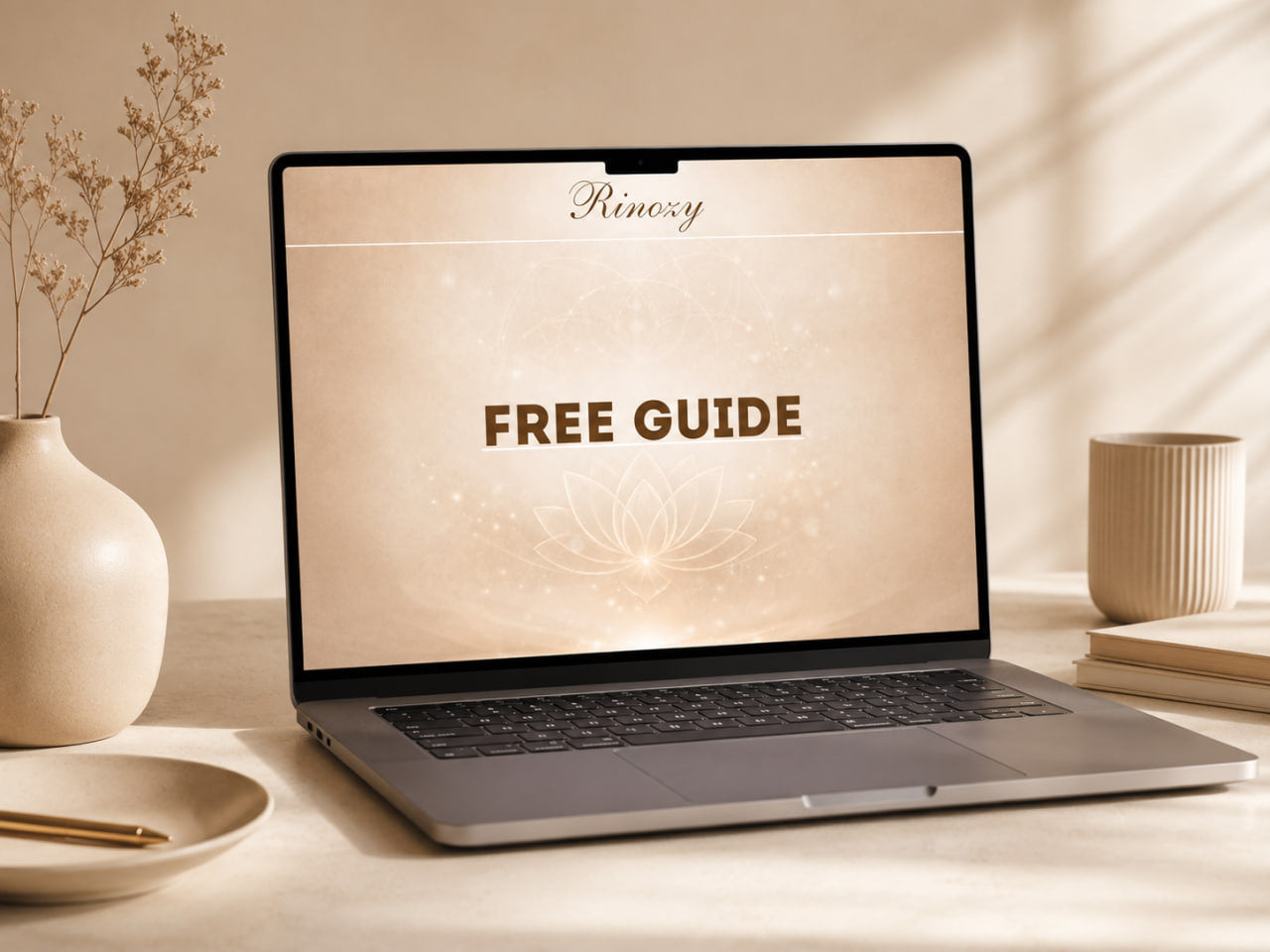 An open laptop sits on a tabletop in a warm, sunlit room. The screen displays the brand name 'Rinoso' and the words 'FREE GUIDE' in brown text over a soft beige background with a faint lotus illustration.