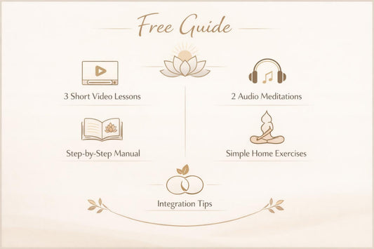 A promotional graphic for a free guide featuring icons and text for '3 Short Video Lessons,' '2 Audio Meditations,' 'Step-by-Step Manual,' 'Simple Home Exercises,' and 'Integration Tips' on a warm cream background.