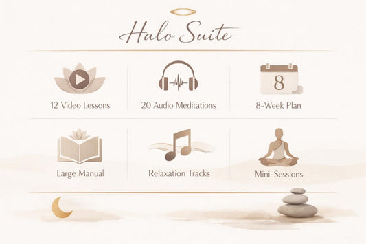 A promotional graphic for the 'Halo Suite' featuring six beige and brown icons with labels: a lotus with a play button for '12 Video Lessons', headphones for '20 Audio Meditations', a calendar for '8-Week Plan', an open book for 'Large Manual', a music note for 'Relaxation Tracks', and a meditating figure for 'Mini-Sessions'. The background is a soft cream color with a small crescent moon and stacked stones at the bottom.
