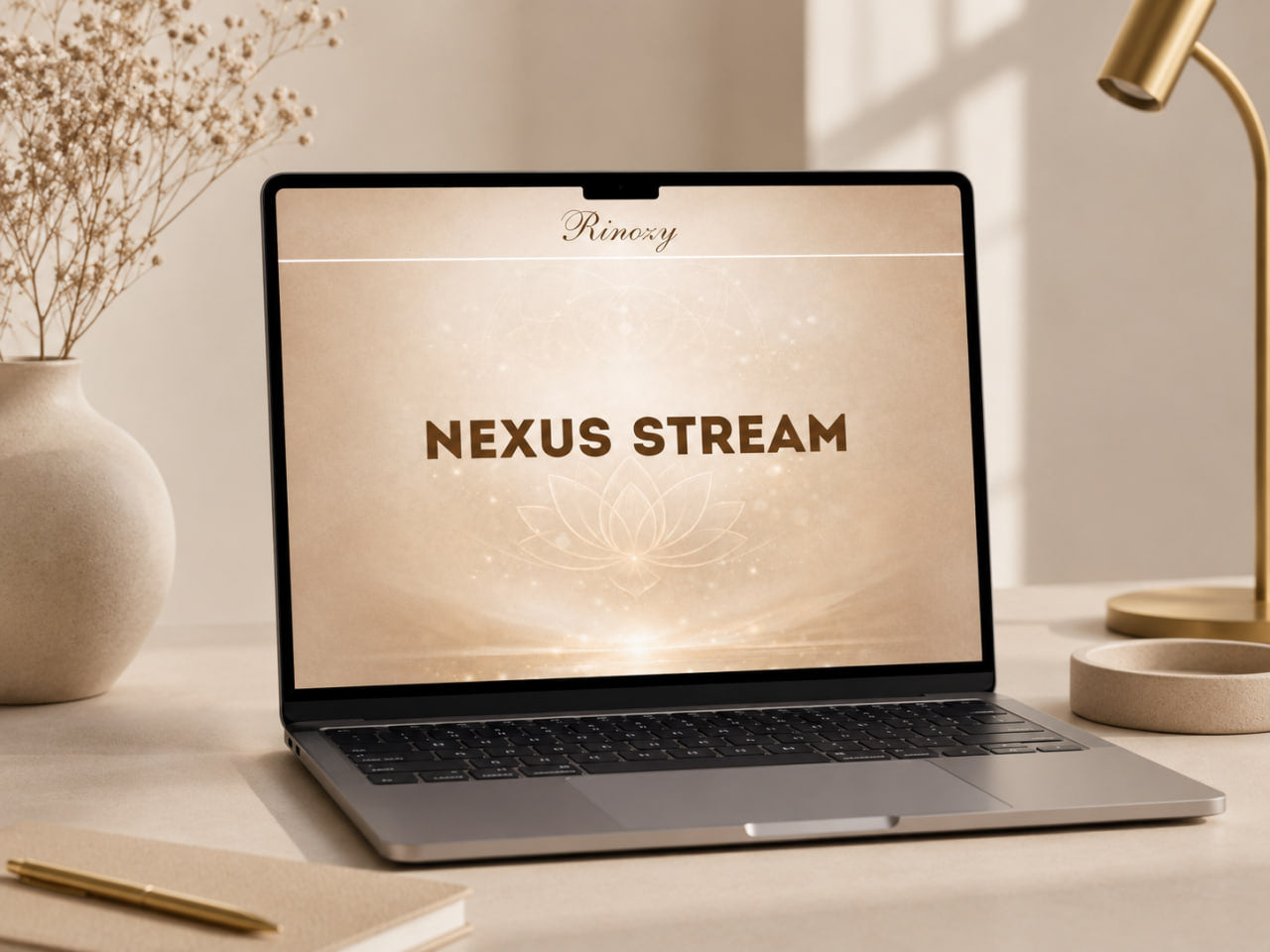 An open laptop sits on a light beige desk in a styled interior scene. The screen displays the text 'Nexus Stream' on a warm cream background.