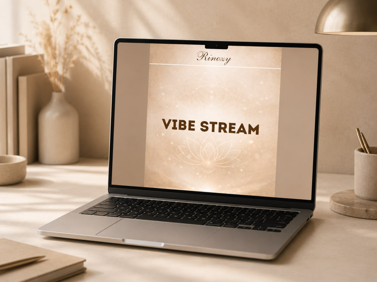 An open silver laptop on a warm beige desk, displaying a presentation slide titled 'VIBE STREAM' with the name 'Remedy' at the top. The scene is styled with a lamp, books, a vase, and a notebook in a softly lit, minimalist room.