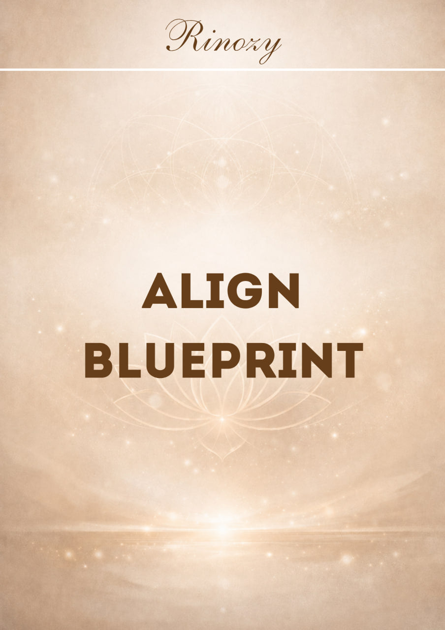 A digital graphic with the word 'Rinoxy' at the top and the words 'ALIGN BLUEPRINT' centered on a warm beige background with subtle glowing light effects and faint circular line art.