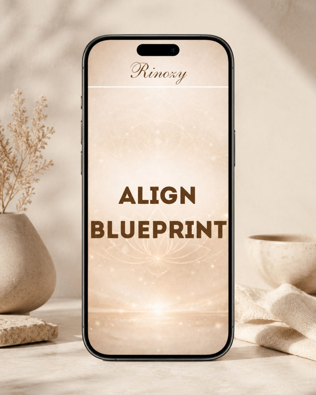 A smartphone centered in a styled beige interior scene, displaying the word 'Rinoxy' at the top and large text reading 'ALIGN BLUEPRINT' on the screen. The phone is surrounded by soft decor elements including a vase with dried stems, a cup, and folded fabric.