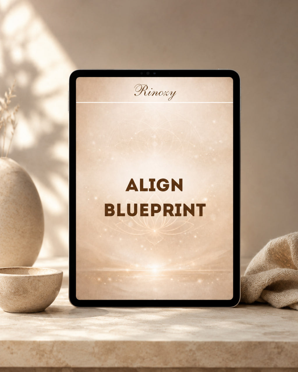 A tablet device standing on a stone surface in a warm, styled interior. The screen displays the text 'Rinocry ALIGN BLUEPRINT' on a soft beige background with decorative shadows and neutral props around it.
