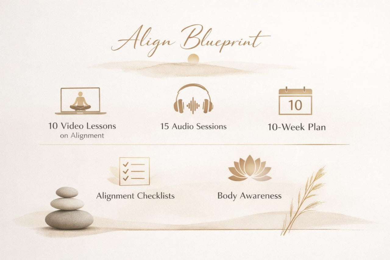 A promotional graphic for an alignment course titled 'Align Blueprint' with beige and brown minimalist icons and text listing 10 video lessons, 15 audio sessions, a 10-week plan, alignment checklists, body awareness, and spa-inspired stones and grass on a light cream background.