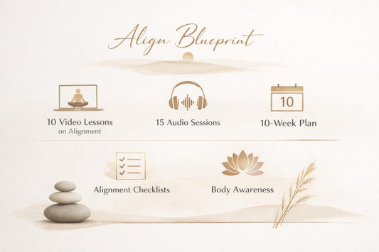 A promotional graphic for an alignment course titled 'Align Blueprint' with beige and brown minimalist icons and text listing 10 video lessons, 15 audio sessions, a 10-week plan, alignment checklists, body awareness, and spa-inspired stones and grass on a light cream background.