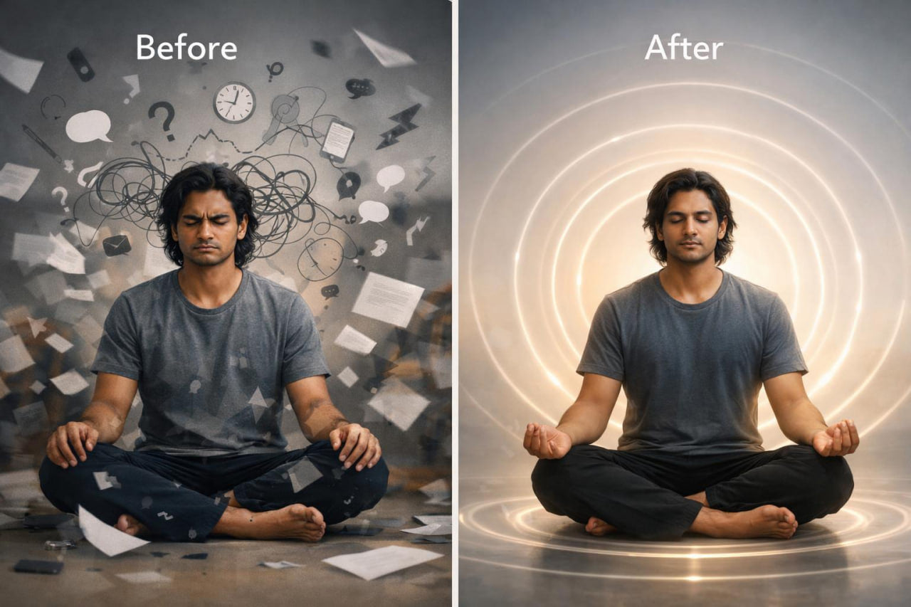 A side-by-side before/after comparison showing a seated man in a gray T-shirt and dark pants. The left 'Before' side has clutter, papers, and tangled marks around him; the right 'After' side has glowing circular light rings and a much cleaner background.