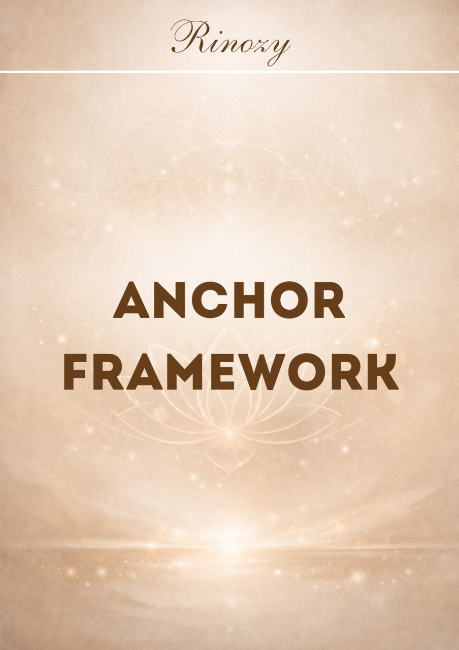 A digital graphic with the text 'ANCHOR FRAMEWORK' in dark brown capital letters centered on a warm beige background with subtle light effects and faint mandala-like line art. The brand name 'Rinoxy' is written in a cursive font at the top.