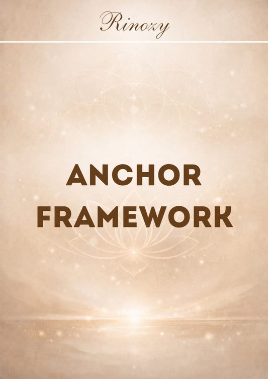 A digital graphic with the text 'ANCHOR FRAMEWORK' in dark brown capital letters centered on a warm beige background with subtle light effects and faint mandala-like line art. The brand name 'Rinoxy' is written in a cursive font at the top.