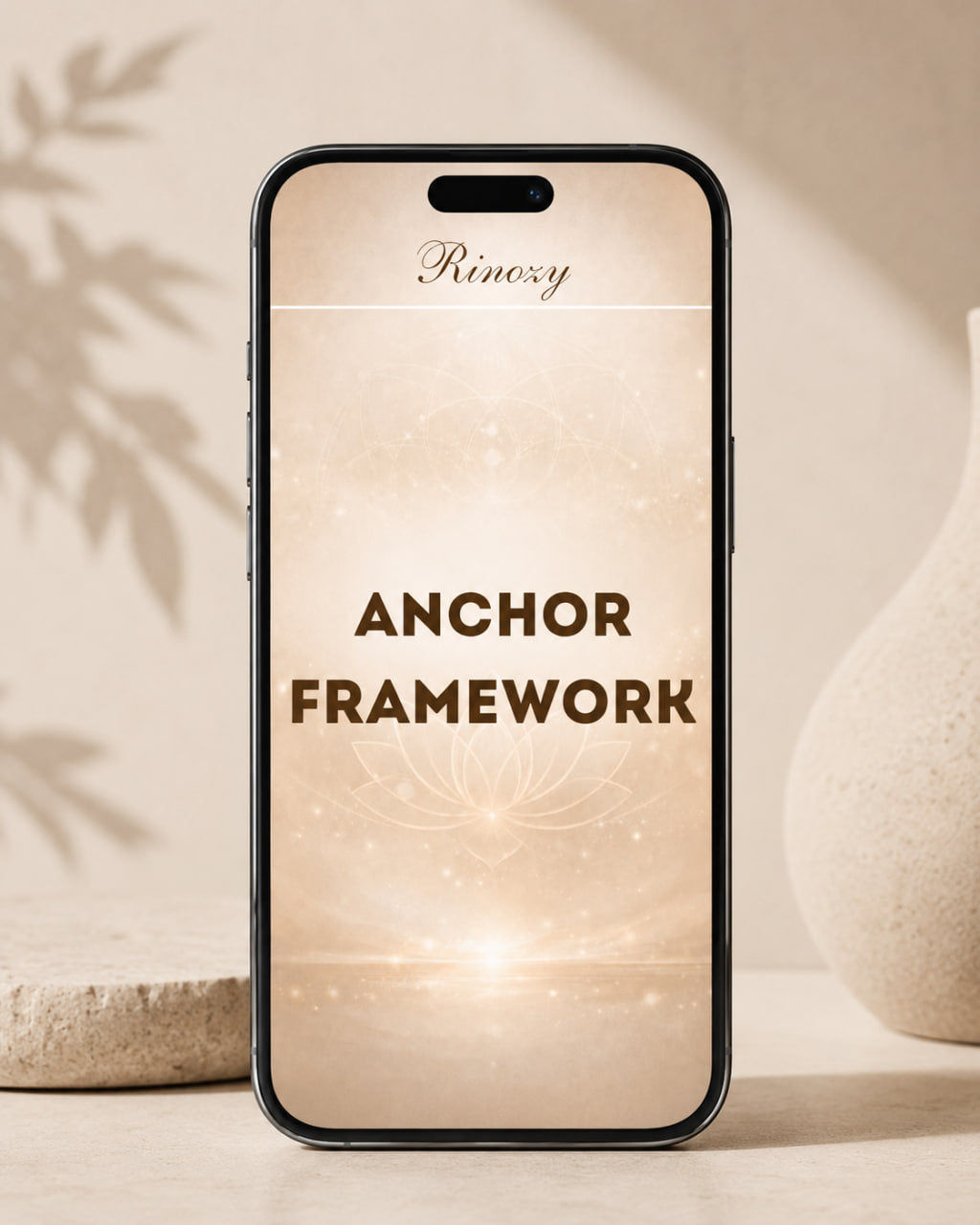 A smartphone centered on a light beige surface, displaying the text 'Anchory Framework' on its screen. The phone is photographed in a styled setting with soft shadows, a stone slab, and a ceramic vase in the background.