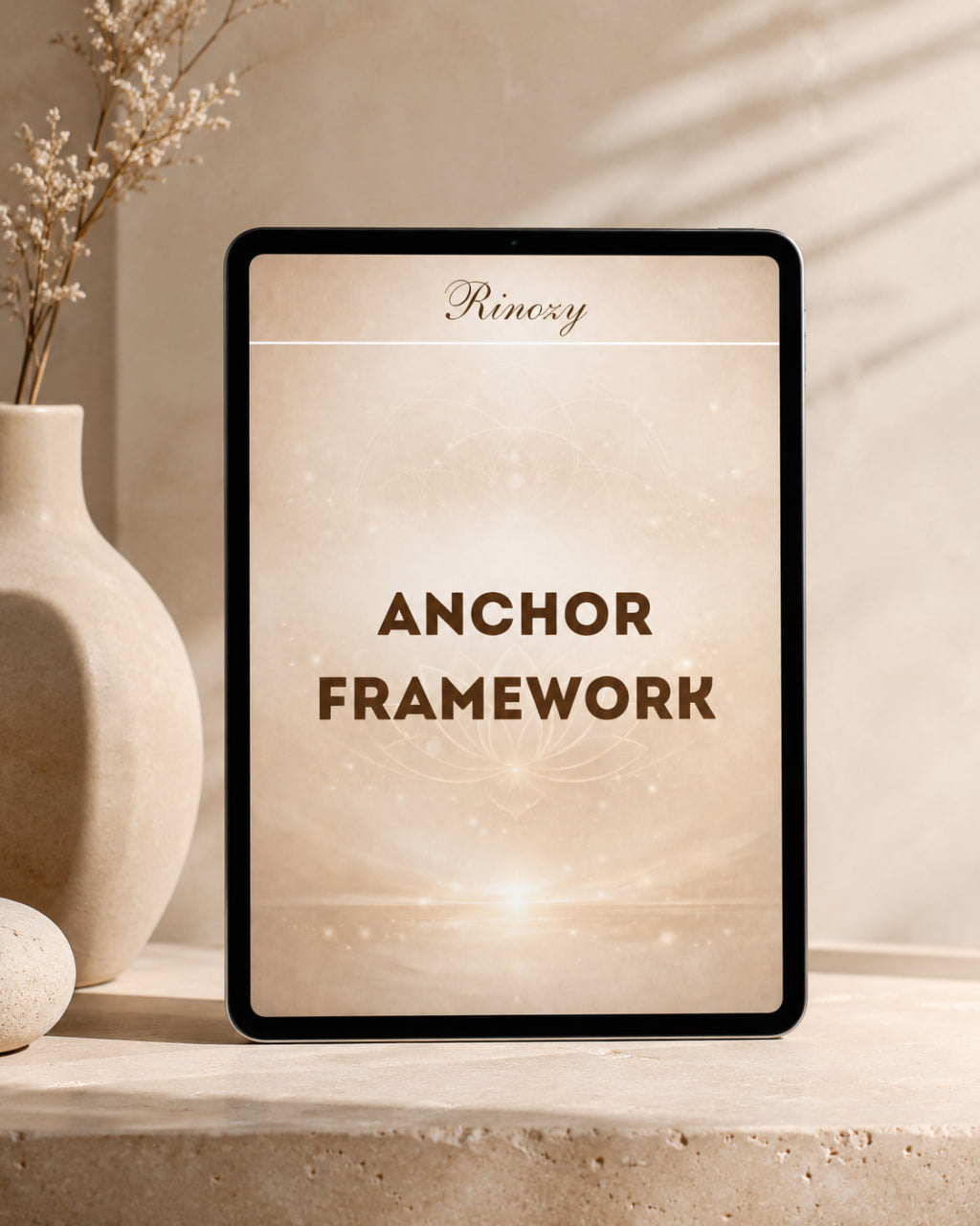 A framed print or digital cover design with the text 'Rinovy' at the top and 'ANCHOR FRAMEWORK' in large brown letters on a warm beige background, styled on a stone surface beside a cream vase with dried stems.