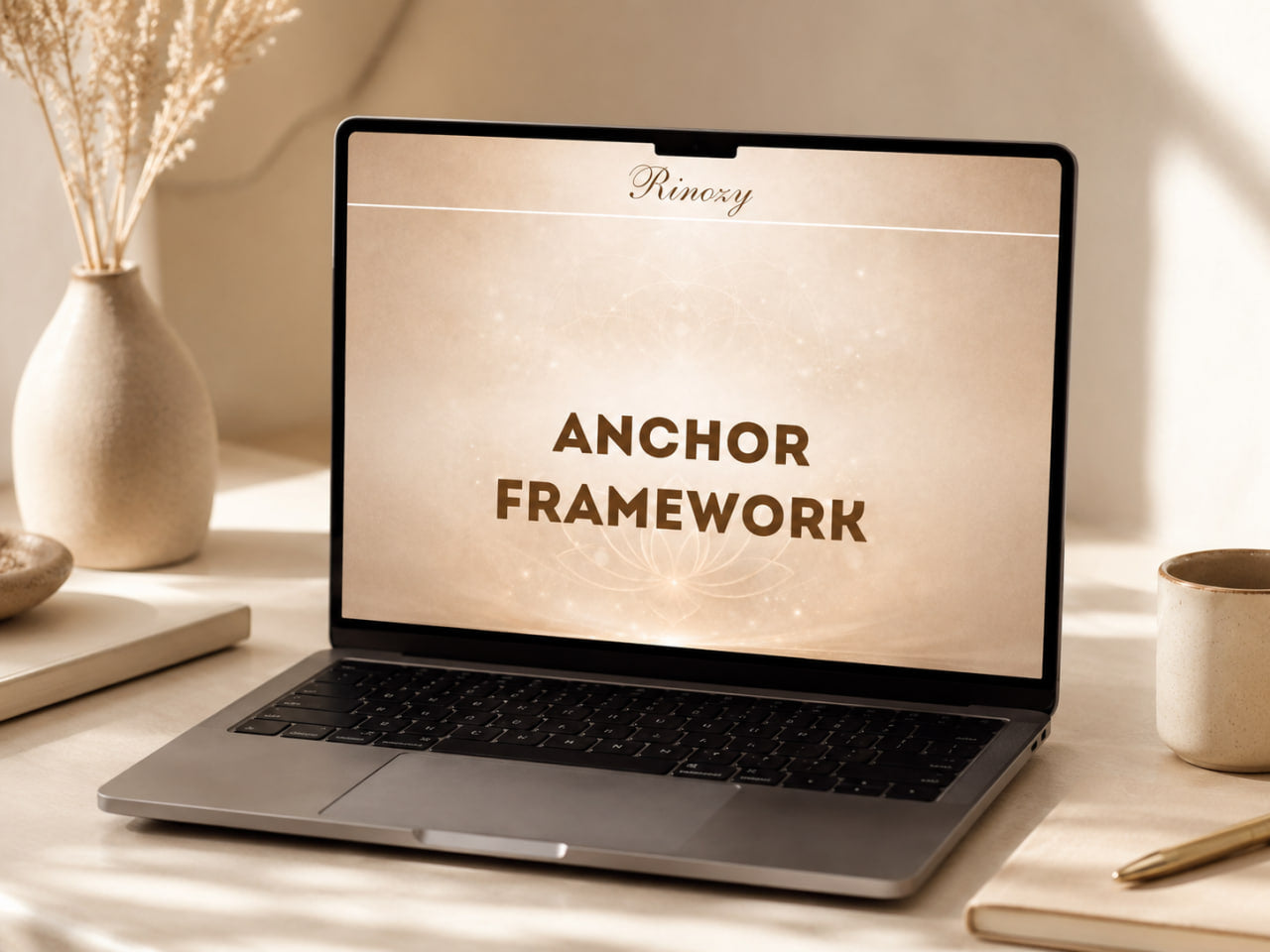 An open laptop on a warm beige desk with a coffee cup, notebook, and dried flowers in the background. The laptop screen displays the text 'Rinovy' and 'ANCHOR FRAMEWORK' in brown lettering.