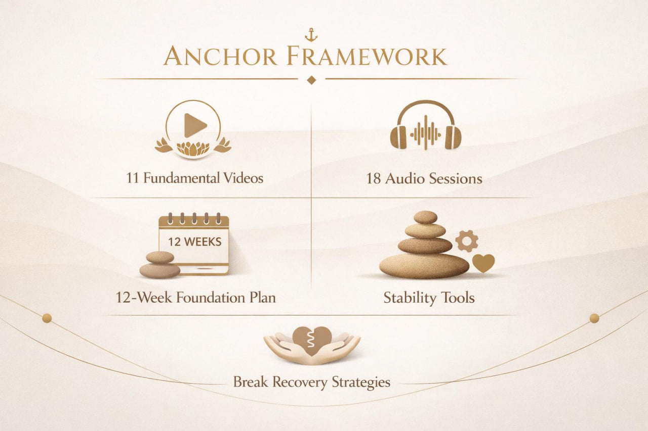 An informational graphic titled 'Anchor Framework' on a soft beige background, showing icons and text for 11 fundamental videos, 18 audio sessions, a 12-week foundation plan, stability tools, and break recovery strategies.