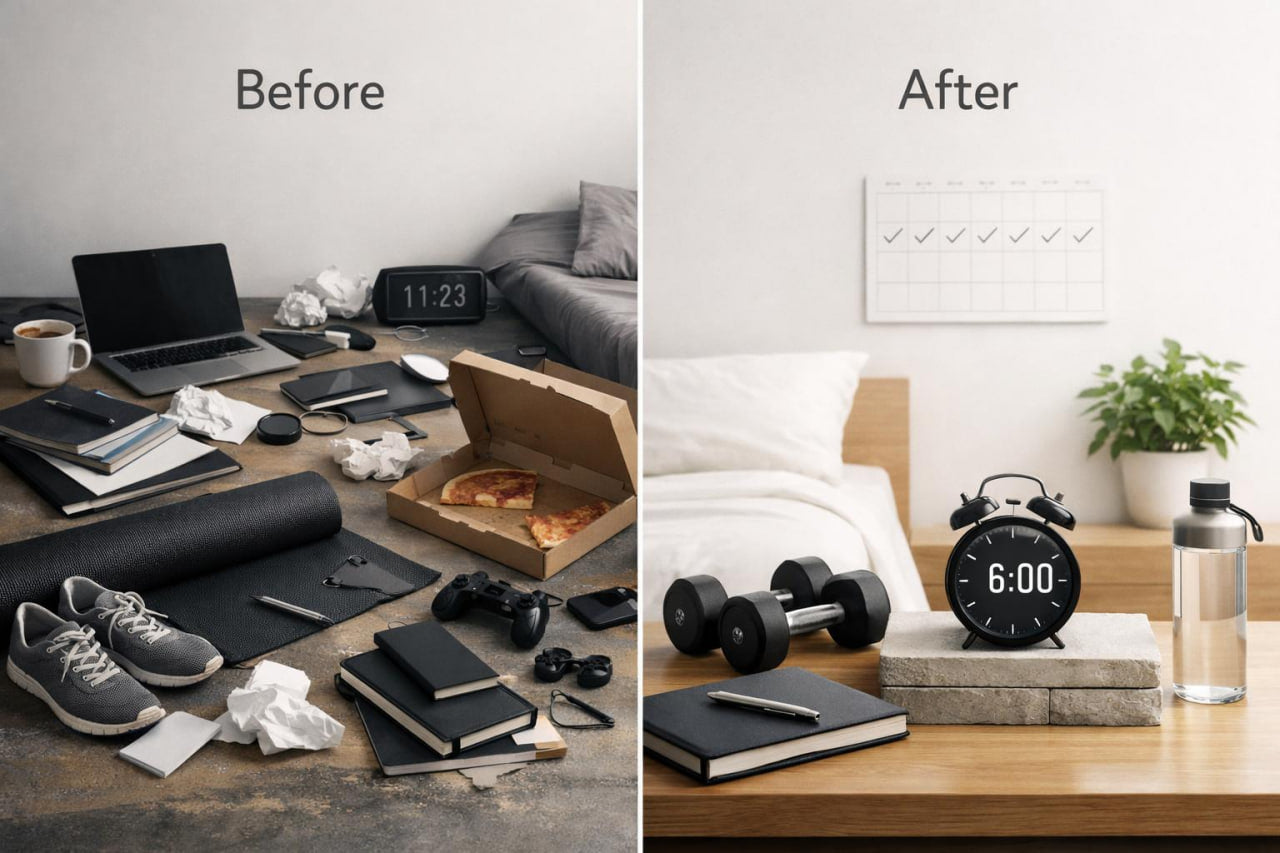 A side-by-side before and after comparison of a messy desk versus a tidy, organized workspace in a bedroom setting. The left 'Before' scene shows a cluttered desk with a laptop, notebooks, shoes, a pizza box, and scattered items.