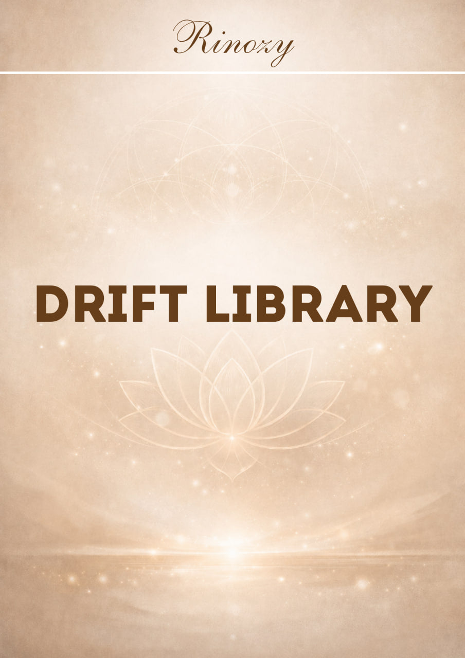 A square cover design with the word 'Rinoxy' at the top and 'DRIFT LIBRARY' in large brown serif text across the center, set on a warm beige background with soft glowing light effects and faint lotus line art.