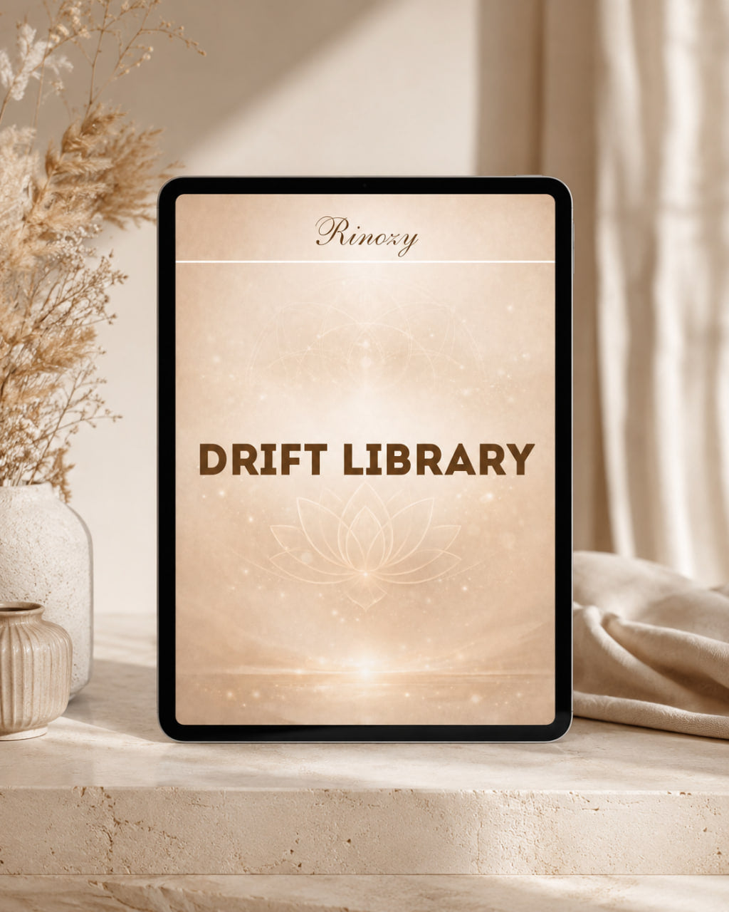 A tablet device with a black bezel displaying a warm beige cover design that reads 'Rinovy DRIFT LIBRARY,' styled on a stone surface with dried flowers and soft neutral fabric in the background.