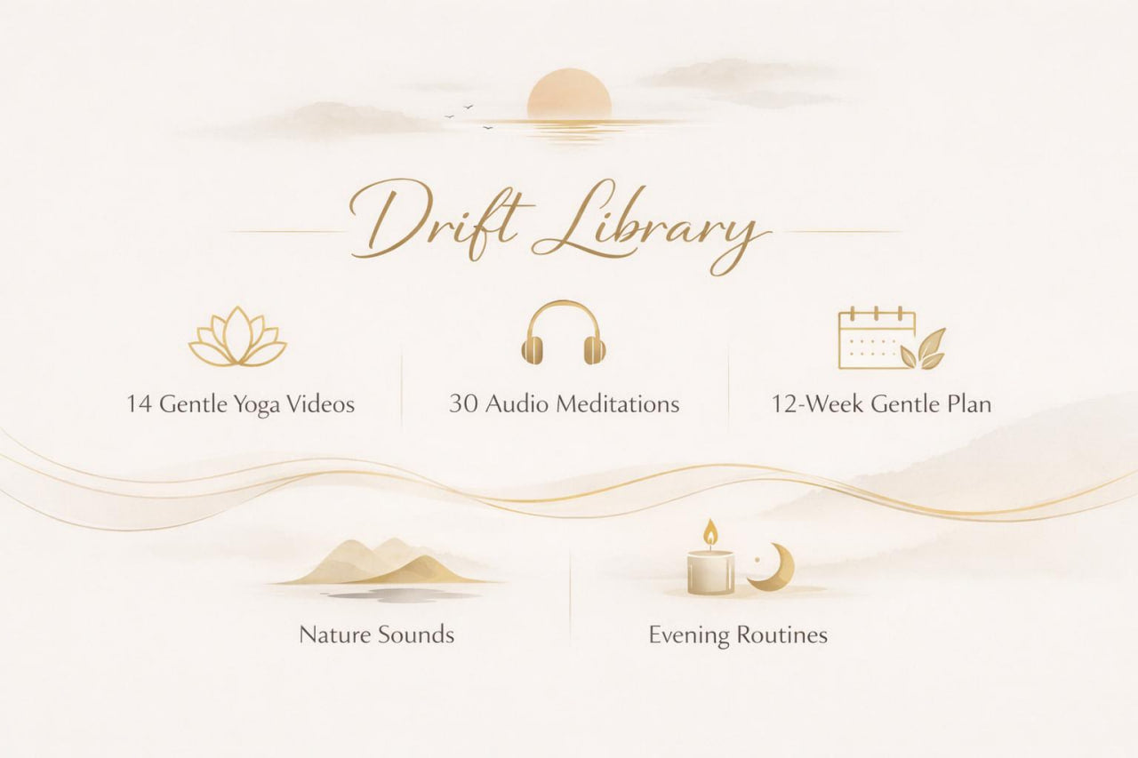A minimalist cream and gold promotional graphic for Drift Library, showing icons and text for 14 gentle yoga videos, 30 audio meditations, a 12-week gentle plan, nature sounds, and evening routines.