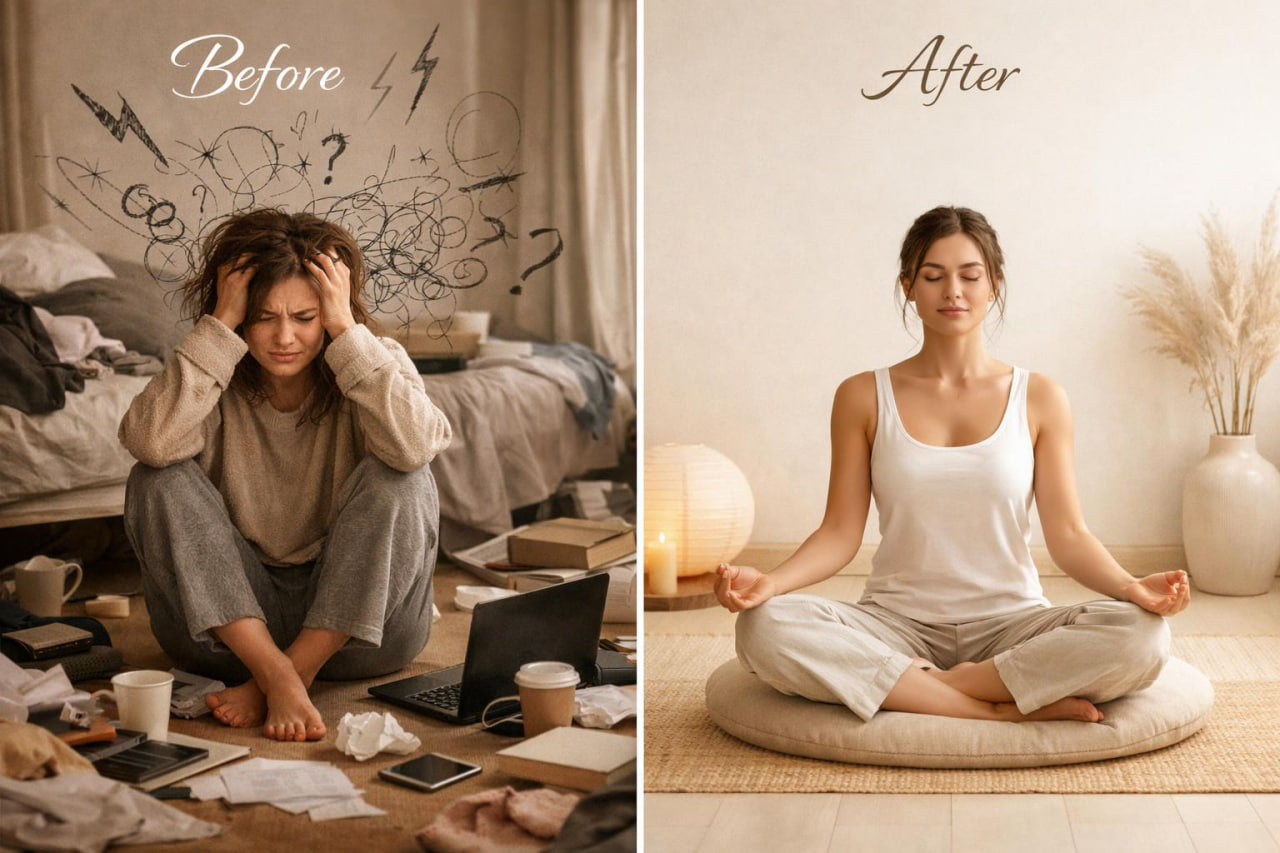 A side-by-side before and after comparison showing a woman's lifestyle transformation. On the left, labeled 'Before', she sits frustrated on the floor of a messy bedroom with papers, a laptop, and scribbled notes on the wall.