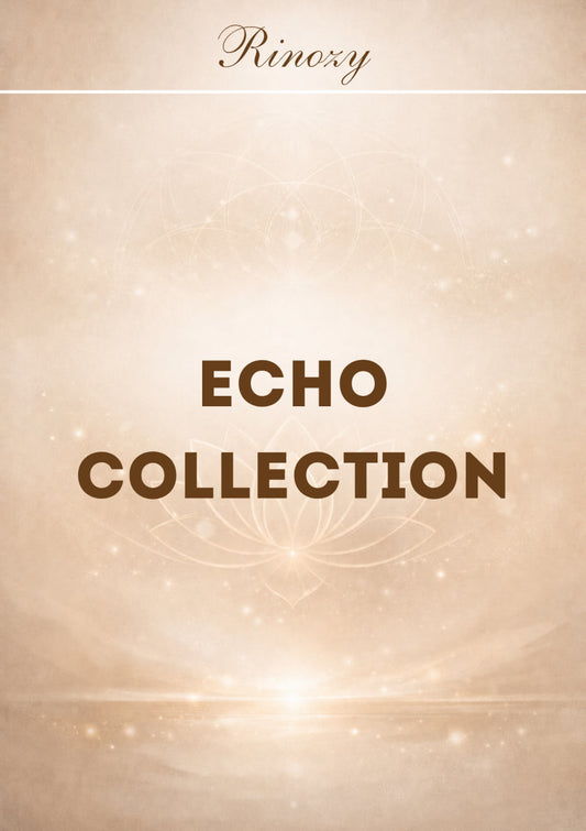 A beige and cream digital graphic with the brand name 'Rinoxy' at the top and the text 'ECHO COLLECTION' centered in dark brown lettering over a soft glowing abstract background.