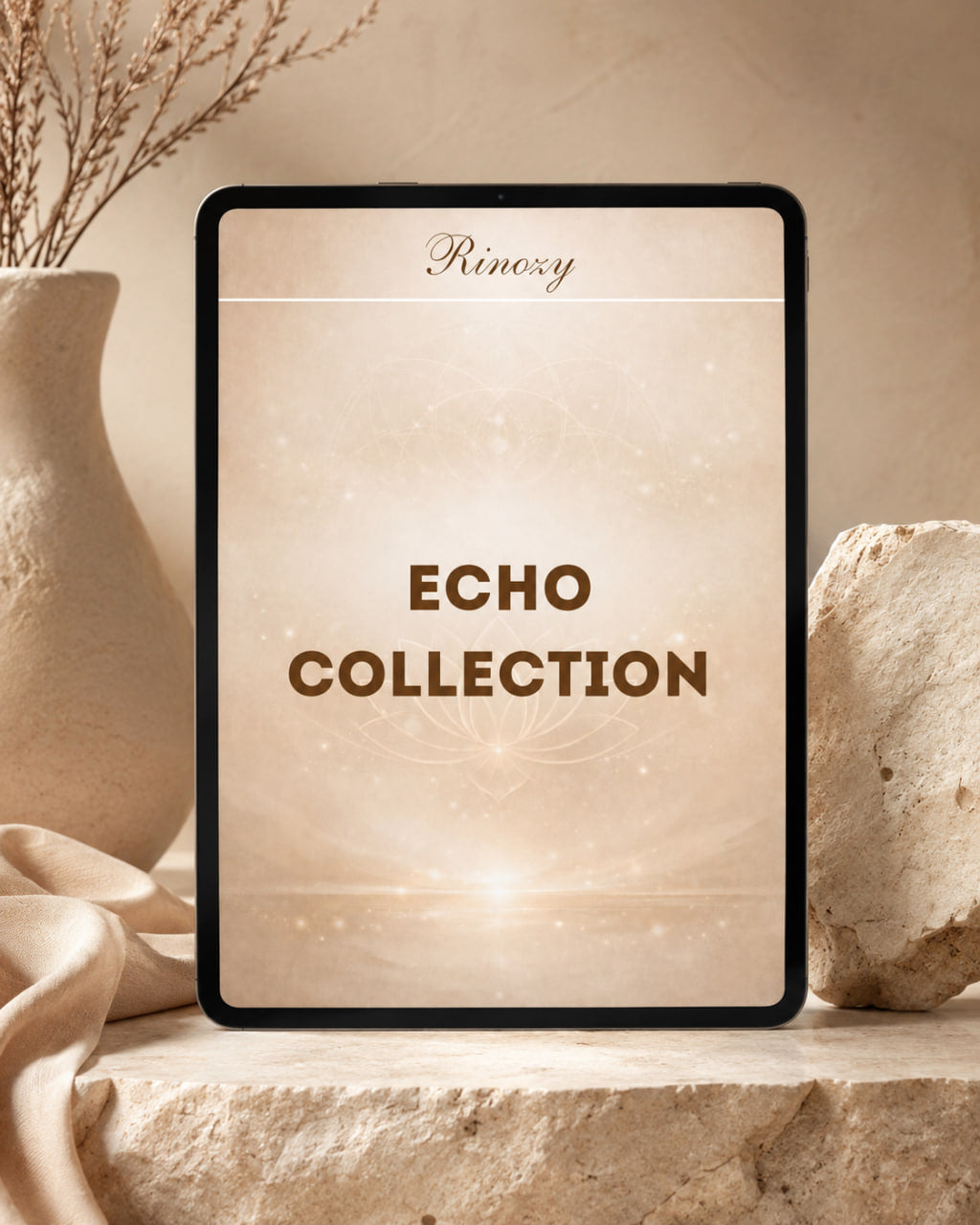 A tablet-style display screen centered on a stone surface, showing the text 'Ranoxy ECHO COLLECTION' in warm beige tones. The scene includes a ceramic vase with dried stems on the left, a rock on the right, and draped fabric in the foreground, creating a styled interior setup.