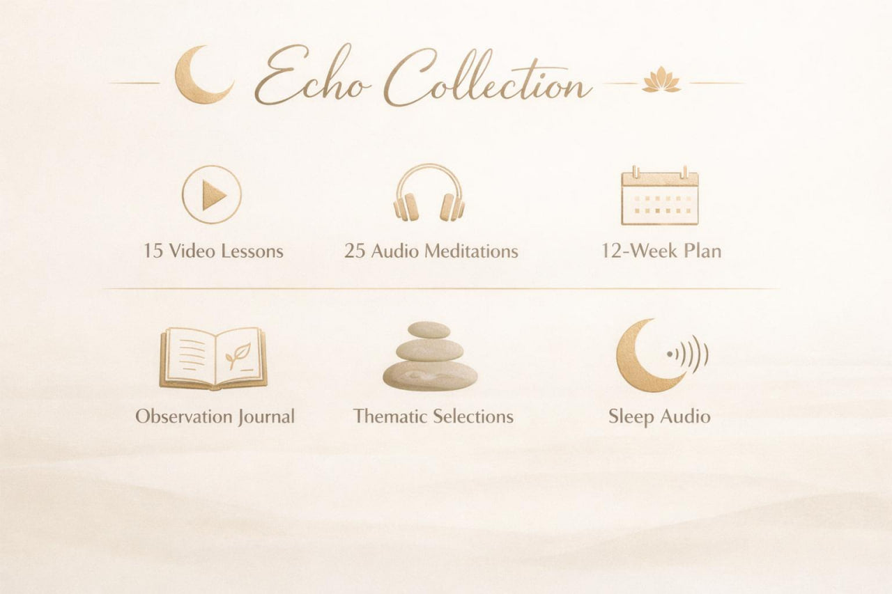 A promotional graphic for the 'Echo Collection' featuring six gold icons and labels on a soft cream background: 15 video lessons, 25 audio meditations, a 12-week plan, an observation journal, thematic selections, and sleep audio.