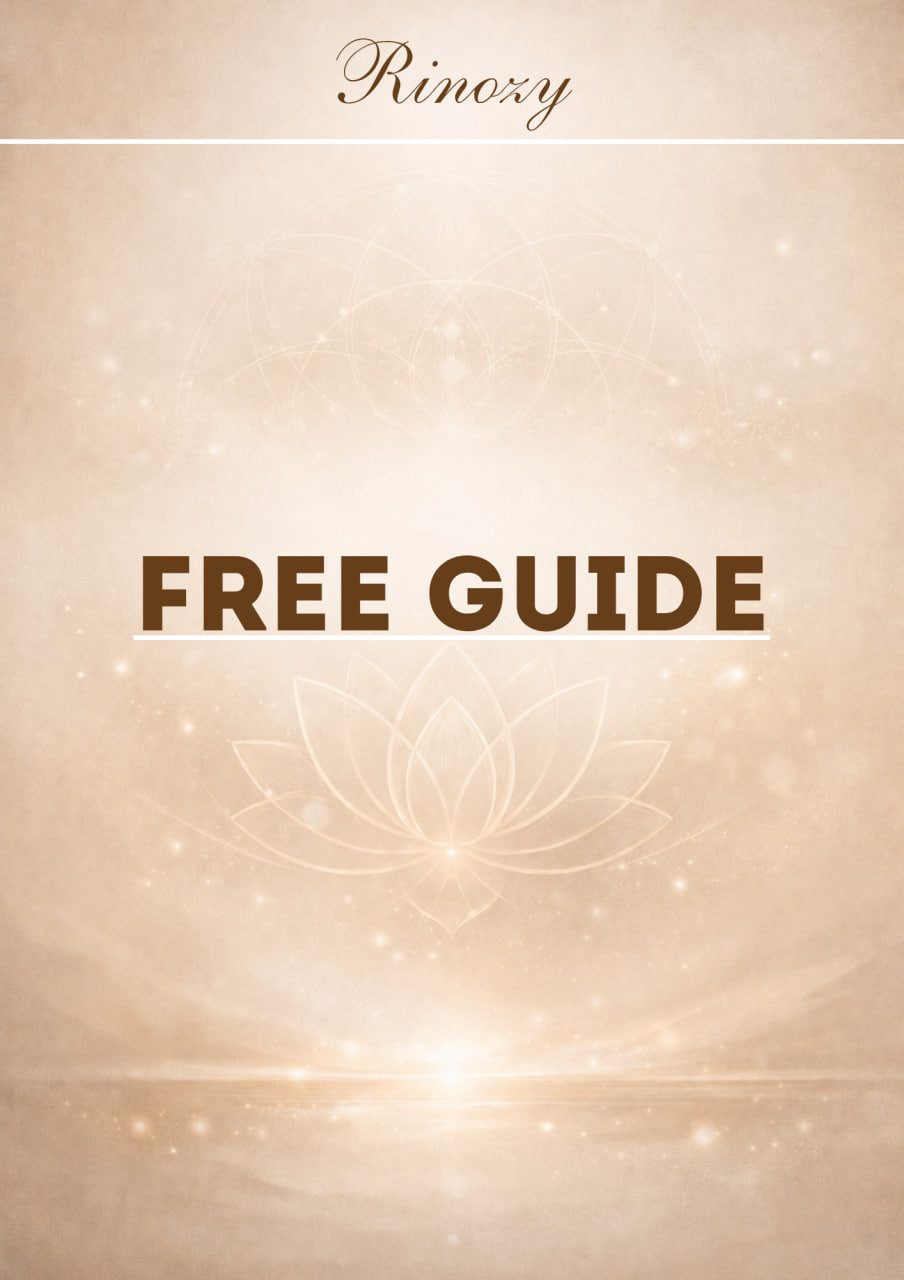 A digital cover graphic with the brand name 'Rinoxy' at the top and the text 'FREE GUIDE' in large brown letters, set against a warm beige background with a faint lotus design and soft light effects.