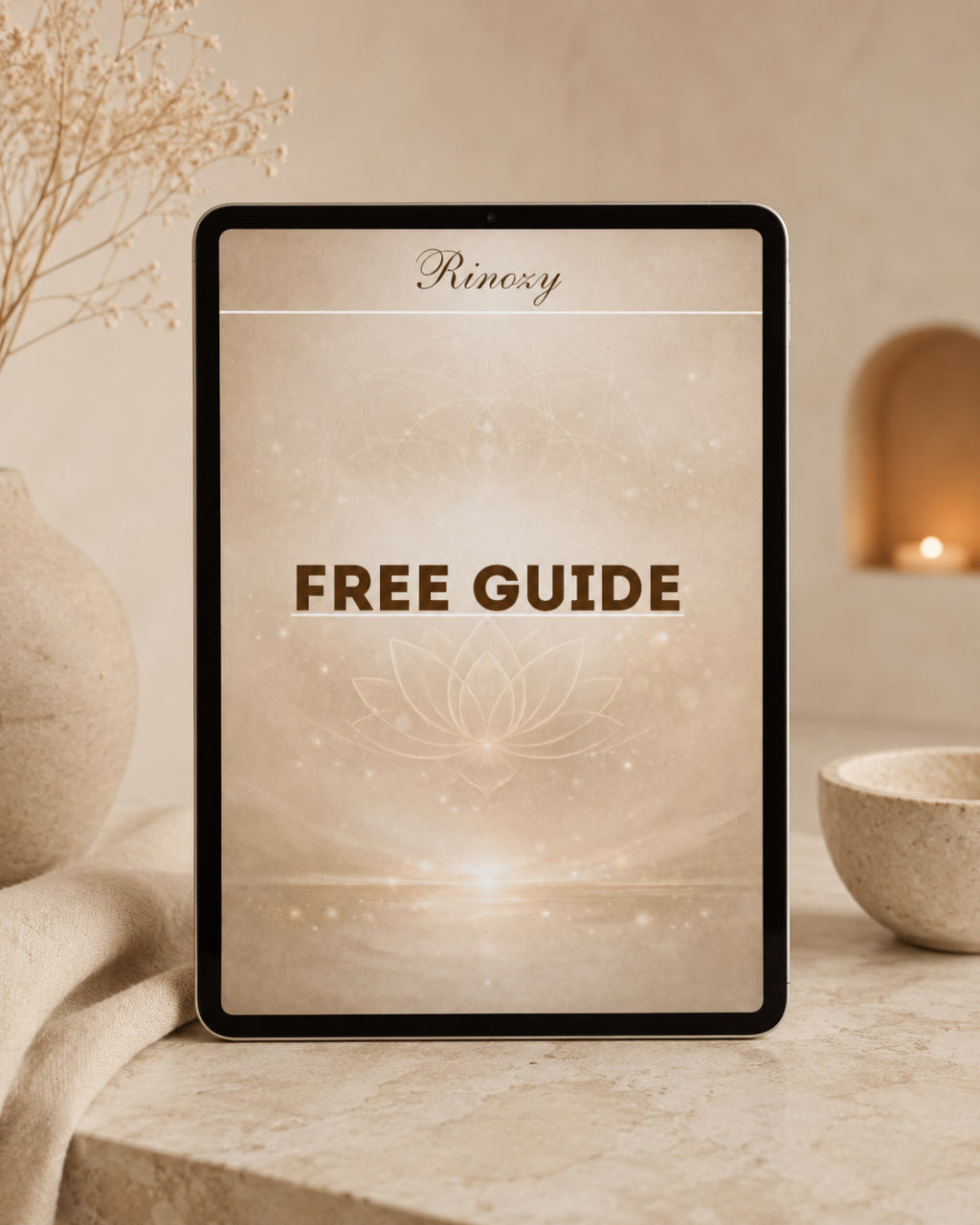 A tablet device with a black border displays a warm beige cover reading 'Rinozy FREE GUIDE' with soft glowing light effects. The tablet is styled on a stone surface with dried flowers, a ceramic vase, and a lit candle in the background.