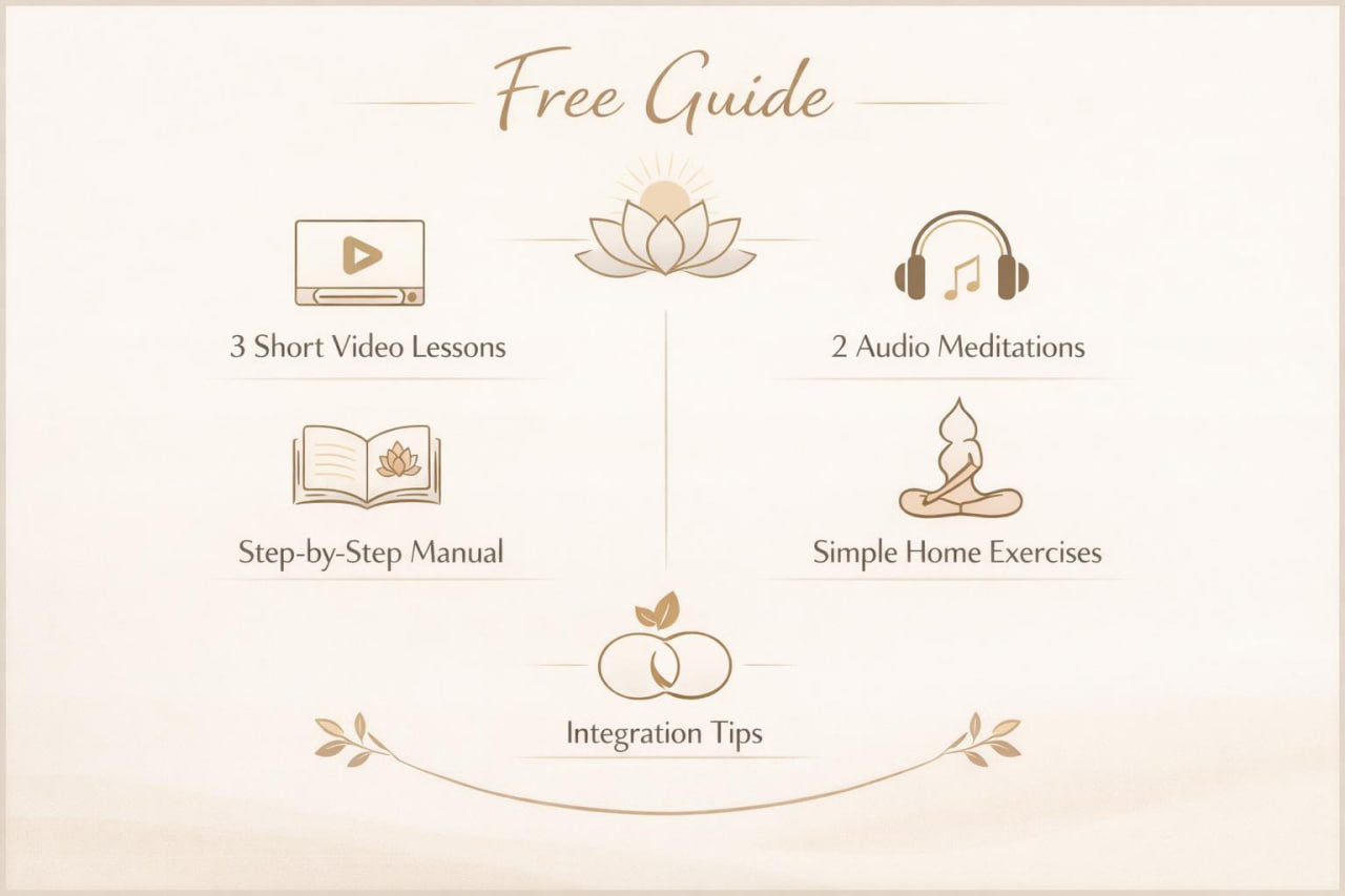 A promotional graphic for a free guide featuring icons and text for '3 Short Video Lessons,' '2 Audio Meditations,' 'Step-by-Step Manual,' 'Simple Home Exercises,' and 'Integration Tips' on a warm cream background.
