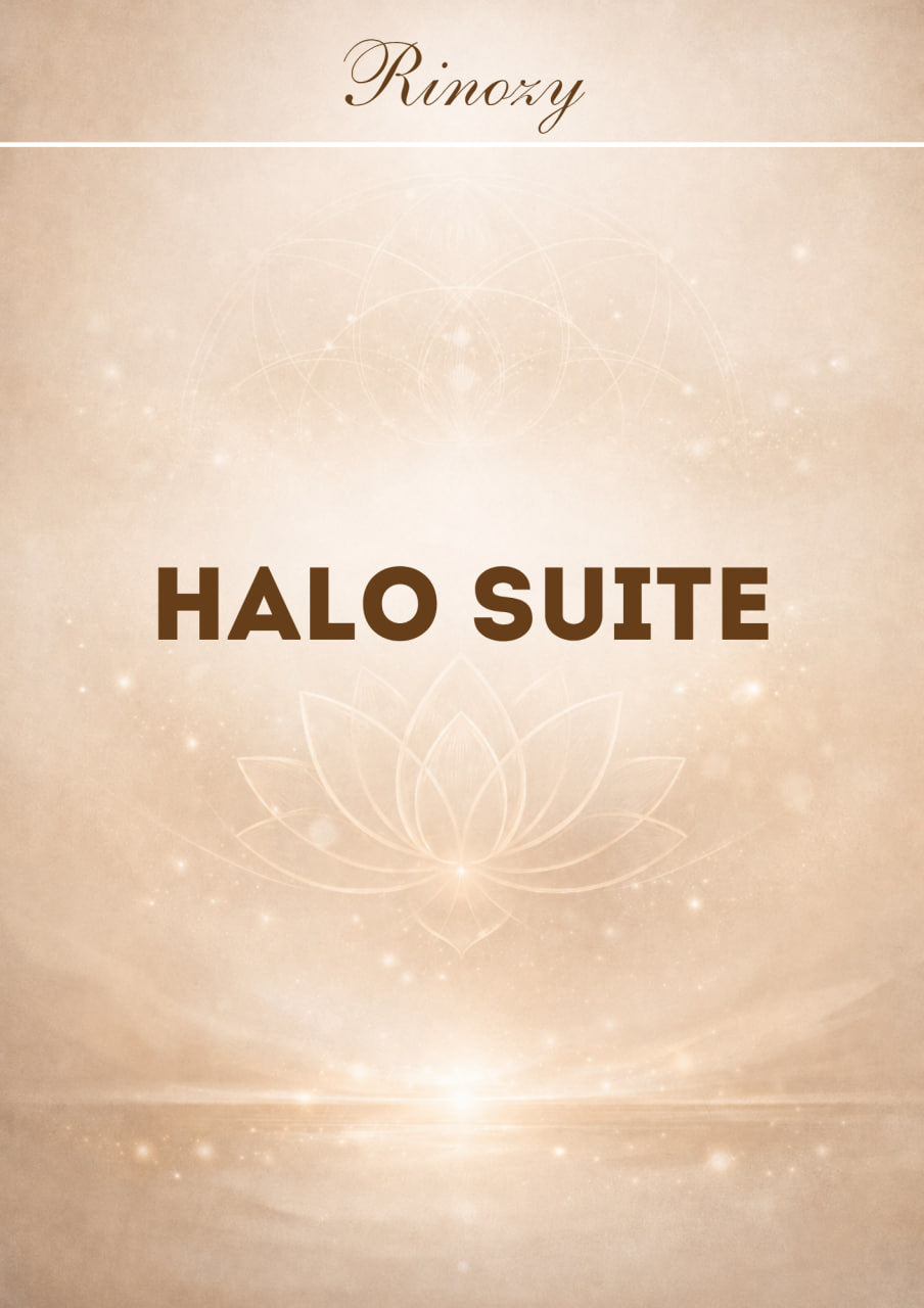 A digital graphic with the word 'Rinoxy' at the top and 'HALO SUITE' centered in large brown text over a warm beige background with soft glowing light effects and faint lotus line art.