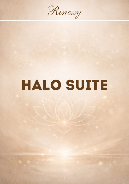 A digital graphic with the word 'Rinoxy' at the top and 'HALO SUITE' centered in large brown text over a warm beige background with soft glowing light effects and faint lotus line art.