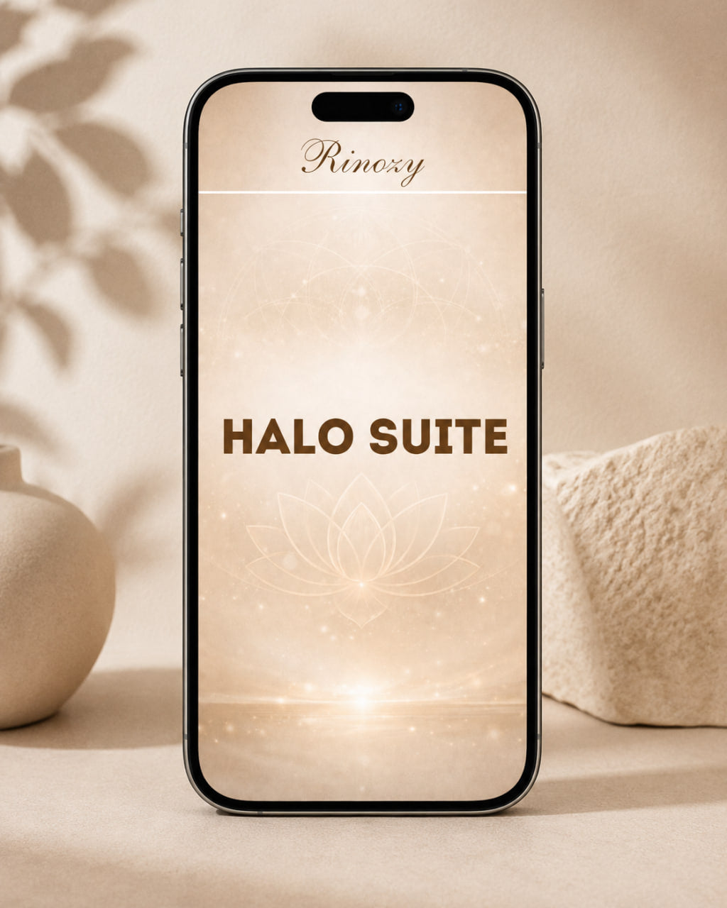 A smartphone centered in a warm beige setting, displaying the text 'HALO SUITE' with a soft glowing lotus design. The screen also shows the brand name 'Rinozy' at the top.