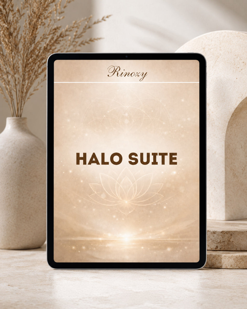 A tablet device displaying a spa-style digital cover titled 'HALO SUITE' with the brand name 'Renoxy' at the top. The screen shows a warm beige and gold lotus design, and the tablet is styled on a light surface with a ceramic vase and dried stems on the left and a stone arch structure on the right.