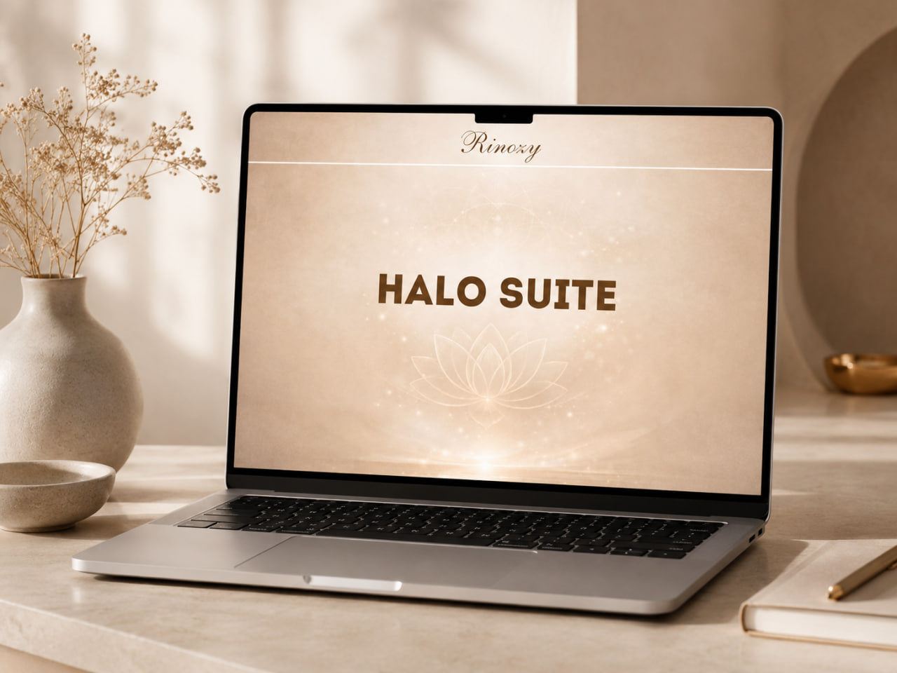 A silver laptop sits open on a light beige desk, displaying a warm cream screen with the text 'HALO SUITE' and a subtle lotus graphic. The scene is styled with a ceramic vase of dried stems, a small bowl, and a notebook with a pen in a softly lit interior.