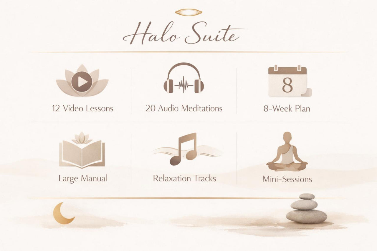 A promotional graphic for the 'Halo Suite' featuring six beige and brown icons with labels: a lotus with a play button for '12 Video Lessons', headphones for '20 Audio Meditations', a calendar for '8-Week Plan', an open book for 'Large Manual', a music note for 'Relaxation Tracks', and a meditating figure for 'Mini-Sessions'. The background is a soft cream color with a small crescent moon and stacked stones at the bottom.