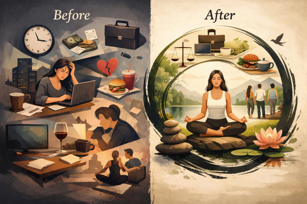 A split before-and-after illustration showing a woman's lifestyle shift. The left side, labeled 'Before,' depicts a busy, cluttered work scene with a laptop, clock, briefcase, and stress symbols.