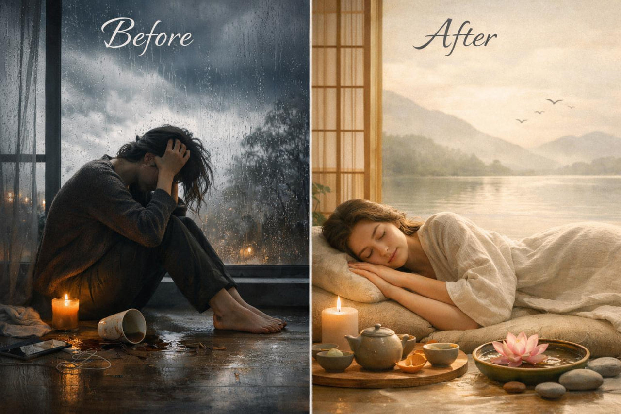 A side-by-side before/after comparison: on the left, a person sits curled up by a rainy window with candles and a broken cup on the floor; on the right, the same person is sleeping peacefully in a serene room with a tea set, lotus flower, and mountain landscape outside.