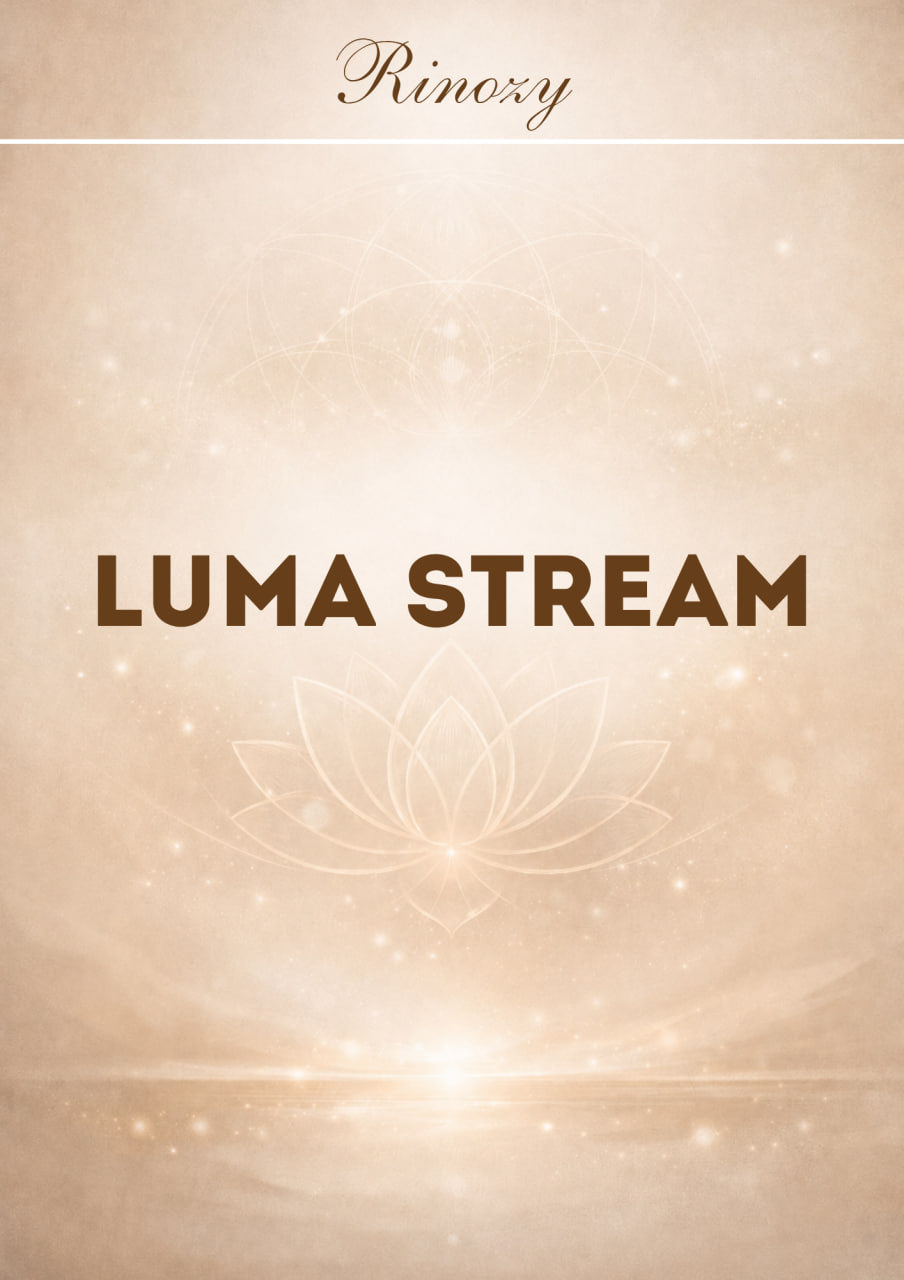 A square digital cover design featuring the brand name 'Rinoxy' in cursive at the top and the product name 'LUMA STREAM' in bold brown sans-serif text in the center, set against a warm beige and gold background with a faint lotus flower graphic and soft light effects.