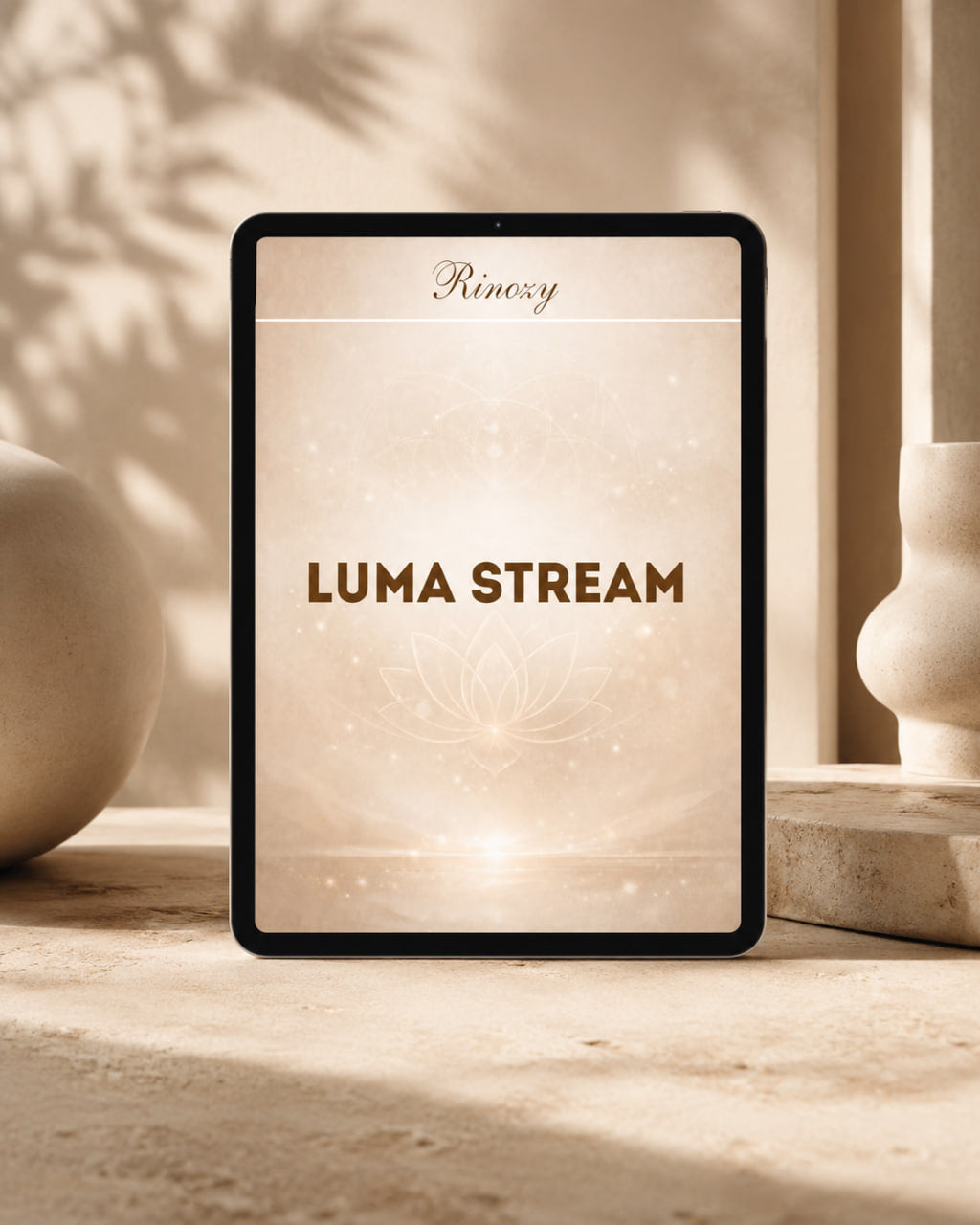 A tablet device standing upright on a stone surface, displaying a warm beige screen with the text 'Remozy' at the top and 'LUMA STREAM' in large brown lettering. The scene is styled with soft shadows and decorative ceramic objects in a warm, spa-like setting.