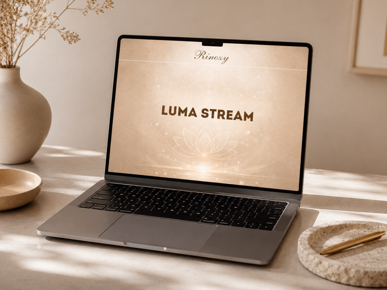 A silver laptop sits open on a light beige desk, displaying a warm cream screen with the text 'LUMA STREAM' and 'Memory' at the top. The scene is styled with a ceramic vase of dried stems, a small dish, and a textured pen holder with a gold pen in soft sunlight.
