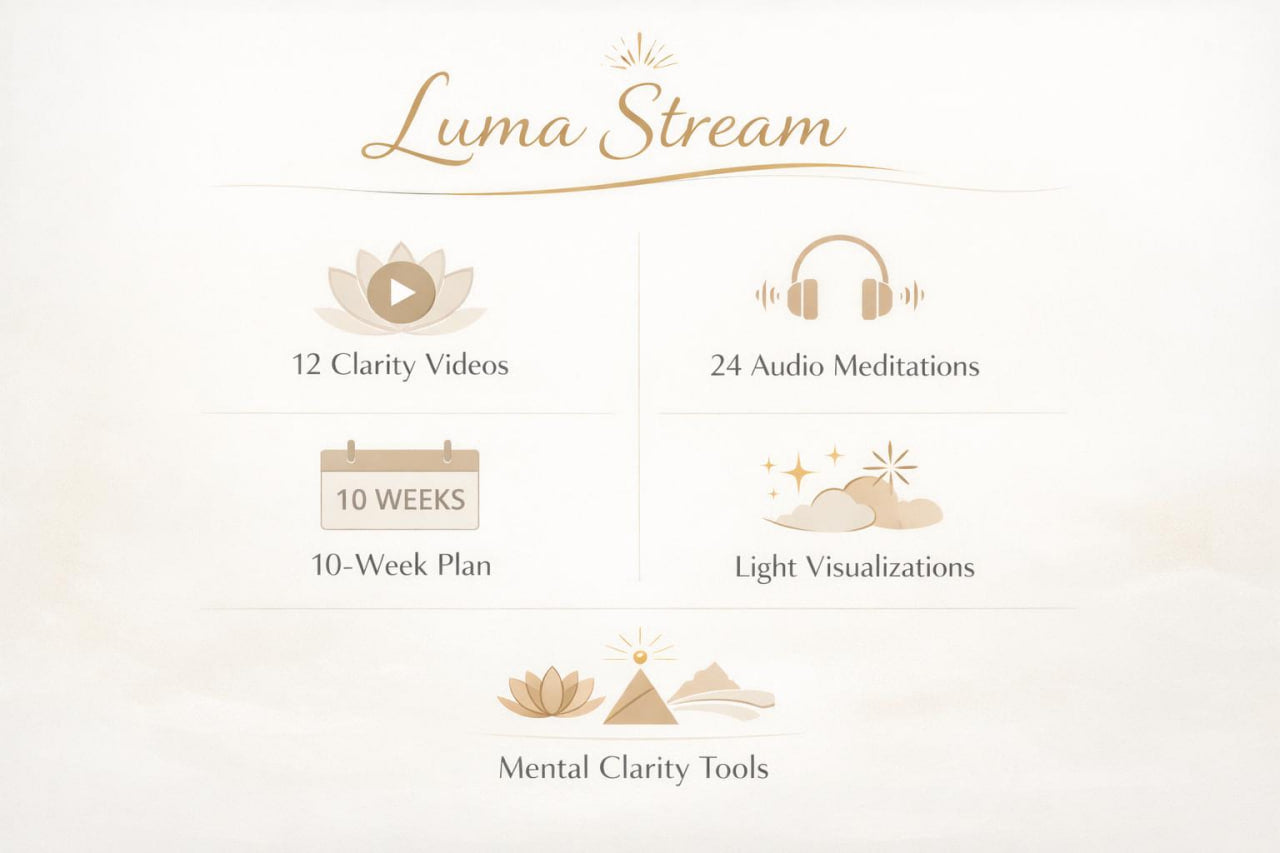 Promotional graphic for 'Luma Stream' featuring icons and text for '12 Clarity Videos', '24 Audio Meditations', a '10-WEEK Plan' calendar icon, and 'Mental Clarity Tools' on a soft cream background.