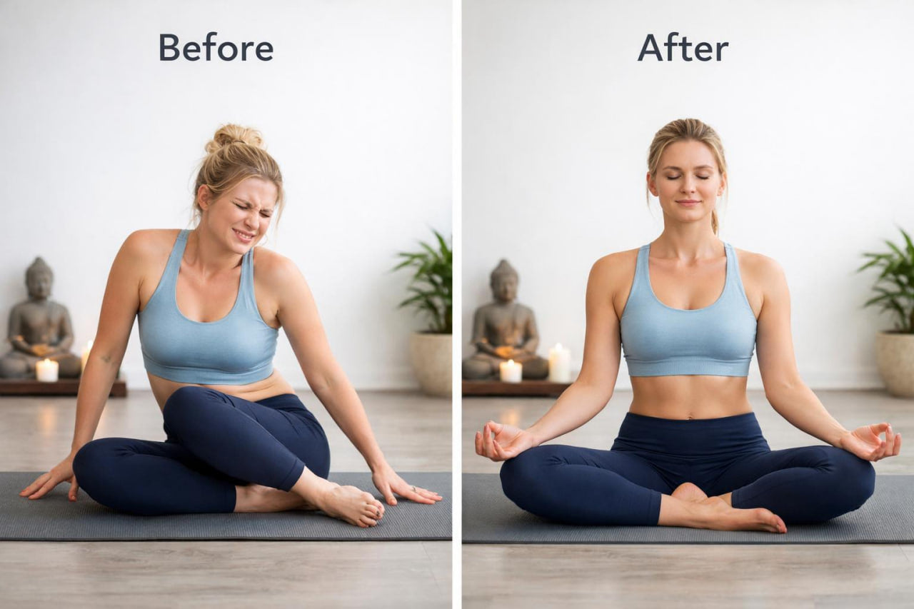 A side-by-side before and after yoga pose comparison featuring a woman in a light blue sports bra and navy leggings sitting on a yoga mat in a bright studio.