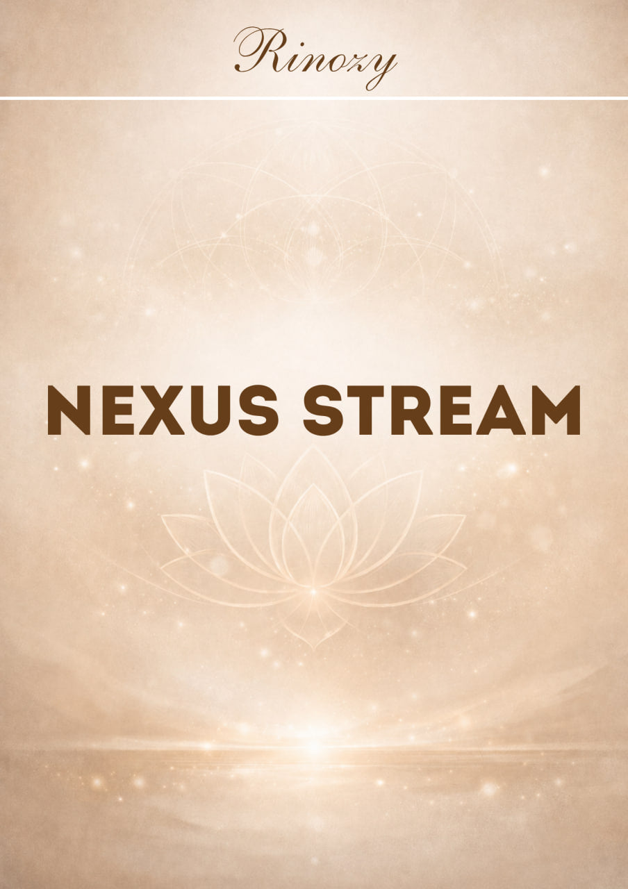 A digital cover graphic for 'Nexus Stream' by Rinoxy, featuring a warm beige and gold background with a faint lotus flower design and glowing light effects.