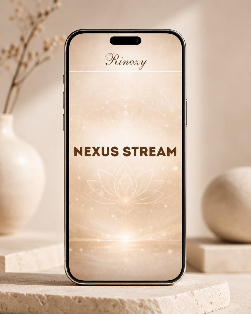 A smartphone centered on a stone surface in a warm beige interior setting, displaying a screen with the text 'Nexus Stream' and a soft glowing lotus design. Decorative vases and stones are blurred in the background.