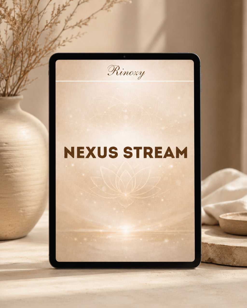 A tablet device with a black border displays the 'Nexus Stream' logo on a warm beige background. The tablet is styled on a tabletop next to a ceramic vase with dried branches and a soft cloth in a warm, neutral-toned setting.